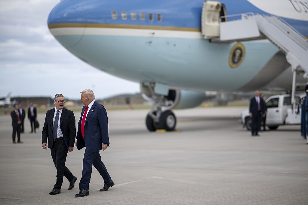 President Donald Trump and U.K. Prime Minister Keir Starmer board Marine One at Royal Air Force Lossiemouth, Scotland on Monday, July 28, 2025, en route Trump International Scotland in Aberdeen. (Official White House Photo by Daniel Torok)