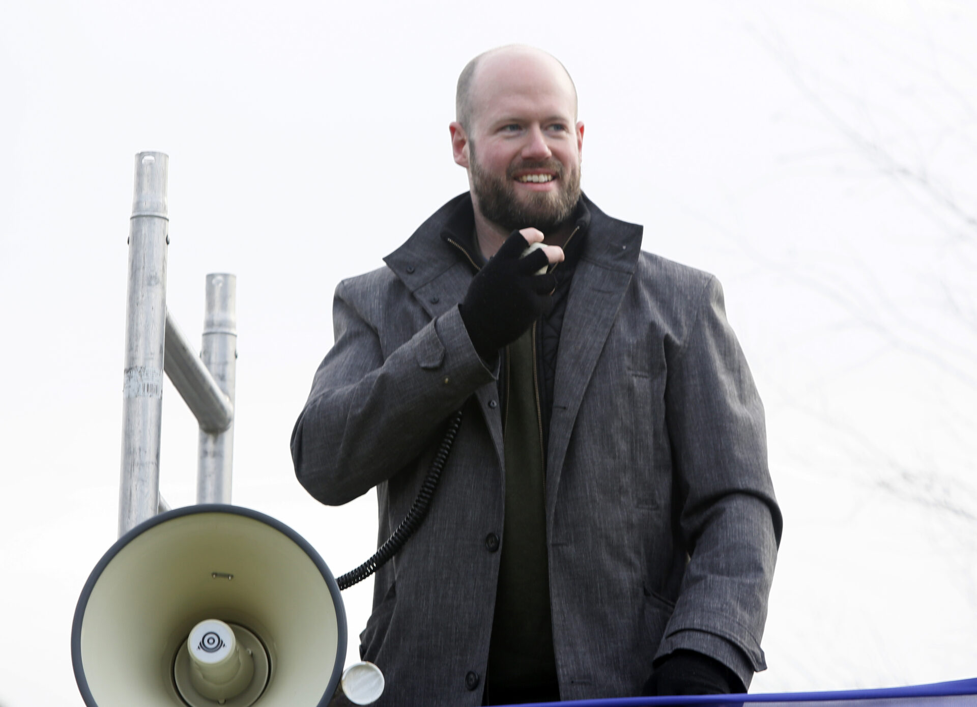 Sam Melia, of Patriotic Alternative, speak at  demo against asylum seekers in Erskine on Sunday 5 February, 2023. 