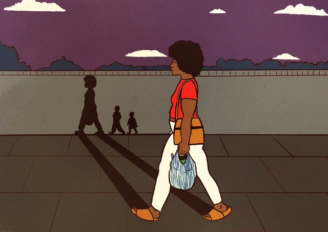 Article headline: A teen took his own life in foster care. His migrant mother says cultural bias led to her family being ripped apart Image description: Illustration of a woman with dark curly hair walking along a pavement at dusk, wearing a red shirt, white trousers, and brown sandals. She carries a small bag with blue stripes in her right hand and a crossbody satchel over her shoulder. Behind her, her shadow appears on a wall, along with the shadows of two small children holding hands, symbolising memory or absence. The sky is purple with scattered white clouds.