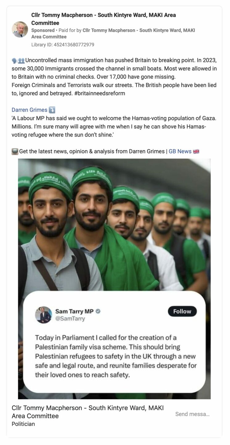 Tommy Macpherson’s Facebook ad from 25 May, one of six identical ads posted between 17 and 29 May. This ad cost up to £99, targeted up to 50,000 people and was seen by up to 2,000 people.