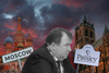 Composite image showing a man in a suit superimposed between Moscow’s St Basil’s Cathedral and Paisley Abbey under a dramatic red and blue sky, with road signs reading “Moscow” and “Paisley”.